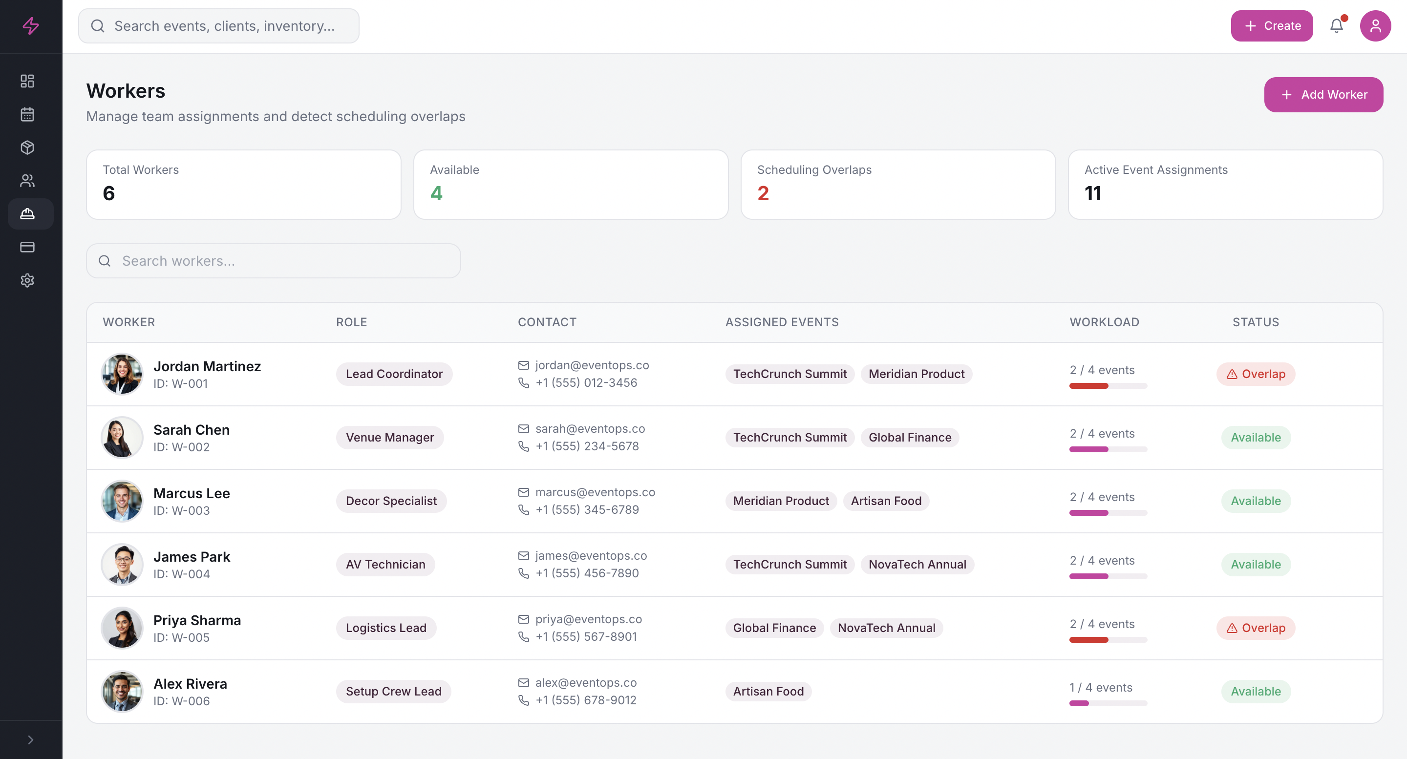 Workers management with scheduling conflict detection